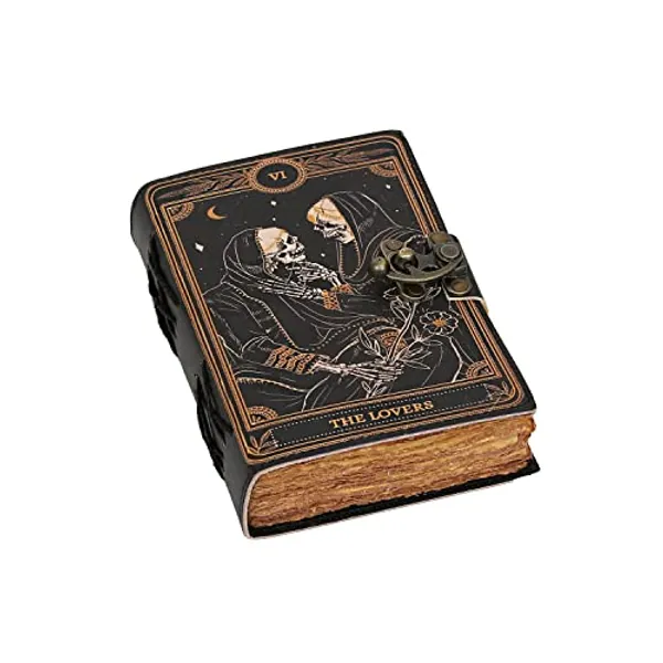 cuero C Book of Spells Leather Journal Deckle Edge Paper Grimoire Printed Journal The Lovers Tarot Notebook Spiral Gothic Notebook Skull lover Antique Vintage Leather Journals for Men and Women