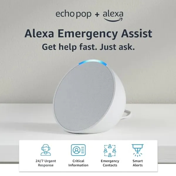 Echo Pop + Alexa Emergency Assist Monthly (auto-renewal) | Full sound compact smart speaker | Glacier White