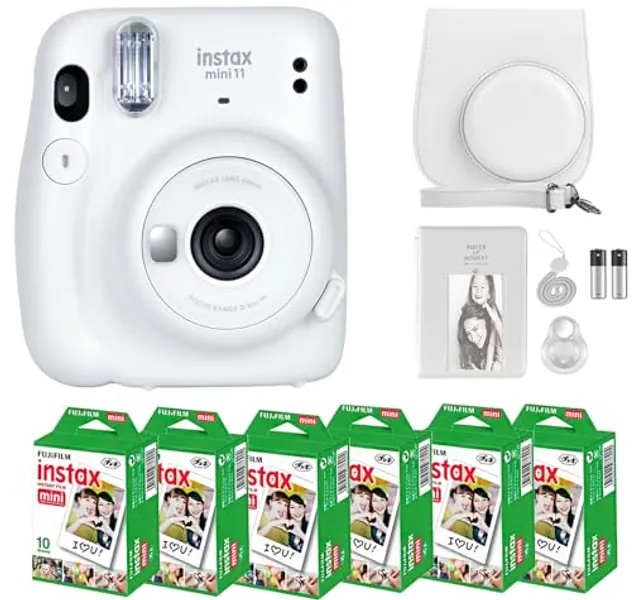 Fujifilm Instax Mini 11 Camera with Fujifilm Instant Mini Film (60 Sheets) Bundle with Deals Number One Accessories Including Carrying Case, Selfie Lens, Photo Album, Stickers (Ice White)