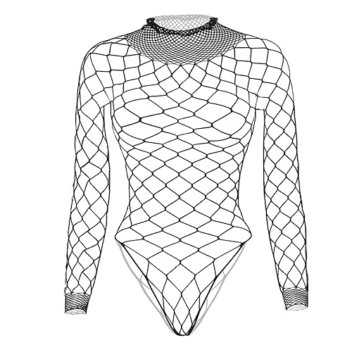 Tosmifairy Fishnet Bodysuit Top for Women Stretch One Piece Long Sleeve Mesh Rave Romper Body Suit - Black