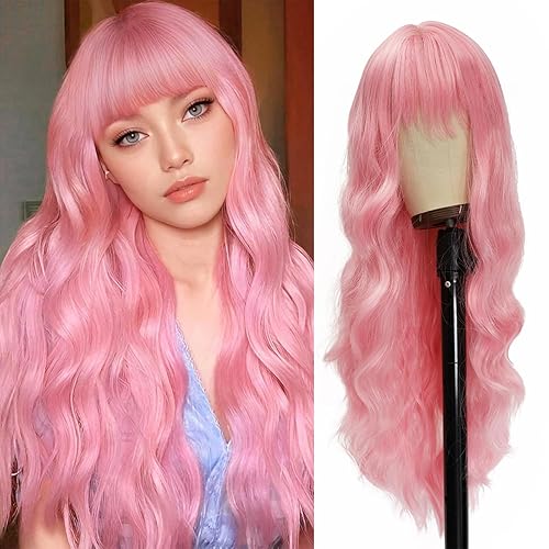 Light Pink Wig With Bangs Pink Curly Wigs for Women 26 Inch Long Wavy Wig Synthetic Colorful Wig for Party Cosplay Daily Use - 26 Inch - Pink