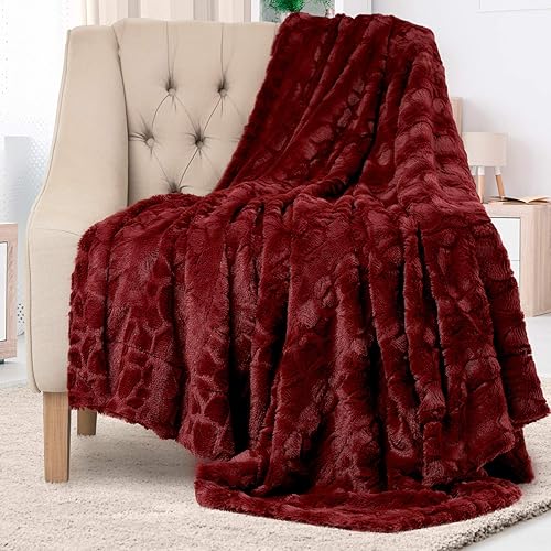 Everlasting Comfort Faux Fur Throw Blanket - Soft, Fluffy, Fuzzy, Plush, Thick, Minky Throws - Dark Red - Standard Throw (50"x65")