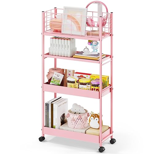 KINGRACK Slim Storage Cart,4-Tier Metal Utility Rolling Cart with Wheels,Slide Out Storage Cart, Skinny Storage Rolling Cart,Storage Trolley Cart for Office Bedroom Bathroom Narrow Place,Pink - Pink - 4-Tier