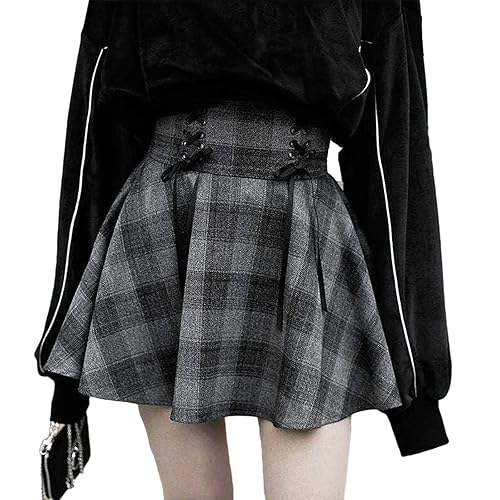 Women Girls Plaid Skirts High Waist A-Line Belt Lace Up Mini Pleated Skirt Dress - Large - Grey1