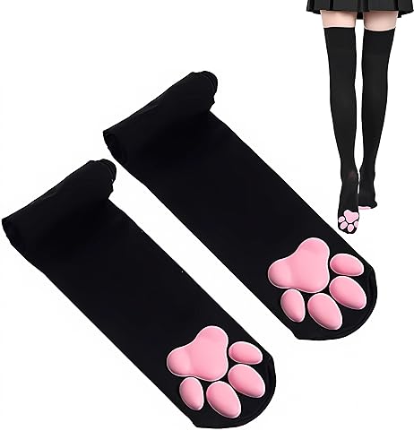 Cat Paw Thigh High Socks Golves, Cute Soft 3D Toe Beans Socks Mittens Kitten Claw Pad Socks for Girl Women Cosplay Set… - Black Socks