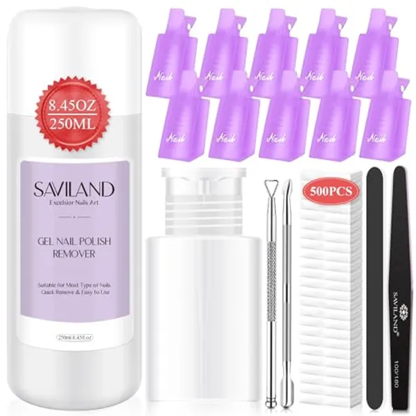 SAVILAND Gel Nail Polish Remover Kit: 250ML Nail Polish Remover with Nail Clips, Nail Tools,Cuticle Pusher, 500PCS Cotton Pad Nail Remover Manicure Kit for Salon Home DIY