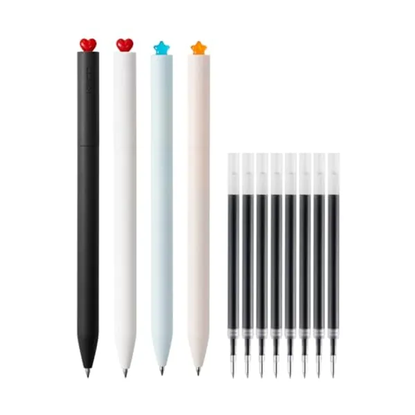 Kaco FIRST Gel Pens, Cute Stationery, 4 Pieces with Extra 8 Black Refills Cute Heart Star Pen Set Valentine's Day Christmas Gifts (2 Star & 2 Heart)