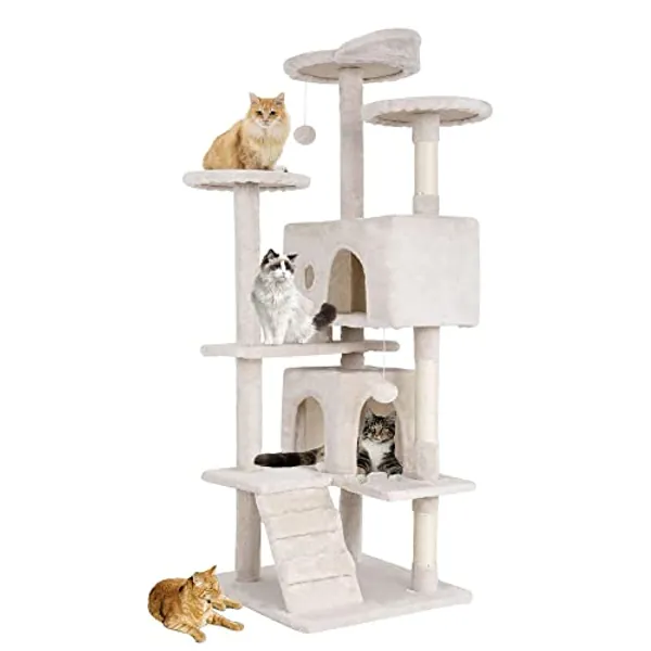 BestPet 54in Multi-Level Cat Tree Tower Furniture Activity Center with Scratching Posts, Toys and Condo for Indoor Kittens, Beige