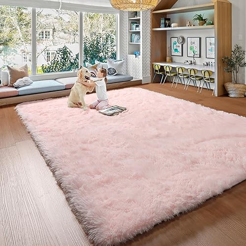 SAZAMI Fluffy Soft Shaggy Area Rug 5x8 Pink Fuzzy Non-Slip Princess Rug for Bedroom Nursery Hardwood Decor Aesthetic, Big Accent Thick Rugs for Living Room Playroom, Plush Furry Carpet for Girls Kids - 5 x 8 Feet - Pink
