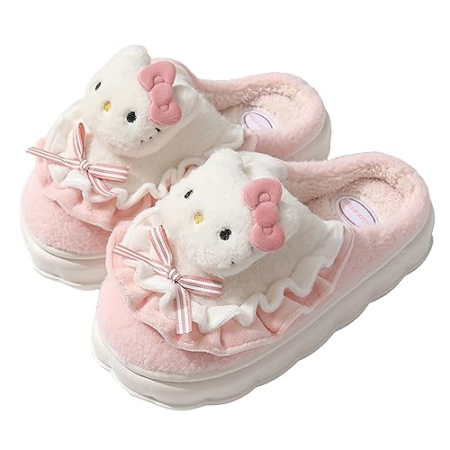 VOZUKO Kawaii Slippers Cute Furry Slides - Cartoon Womens Four Seasons Home Cotton Slippers Mute Cottons Slides Indoor House Home Shoes For Women - 8-8.5 Women/6.5-7 Men - Pink