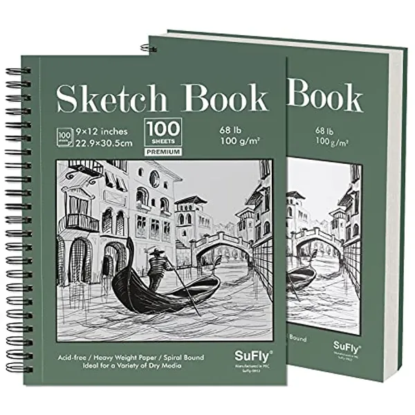Sketch Book 9x12 inch - Pack of 2 (Total 200 Sheets) Spiral Bound Sketchbook, 68 lb/100gsm Artist Sketch Pad, 100 Sheets Each, Sturdy Acid Free Drawing Paper, Suitable for Adults & Teens
