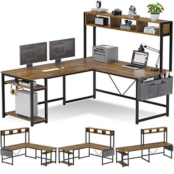 SEDETA L Shaped Desk, Reversible Corner Computer Desk or 94.5 Inches Two Person Desk, L Shaped Desk with Hutch,Storage Shelves and Headphone Hook for Home Office, Rustic Brown
