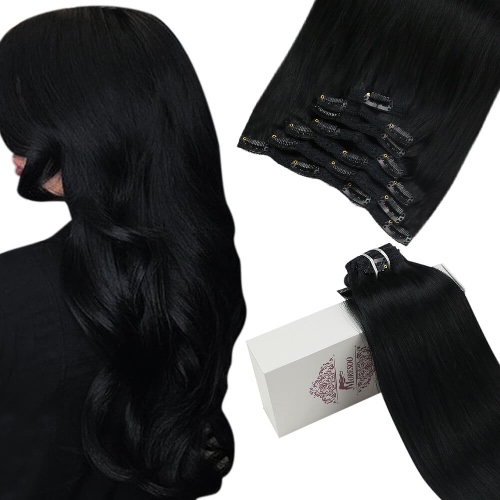 Moresoo Brazilian Human Remy Clip In Double Weft Hair Extension Jet Black(#1) | 24"  100 Gram(7 Pieces) / #1