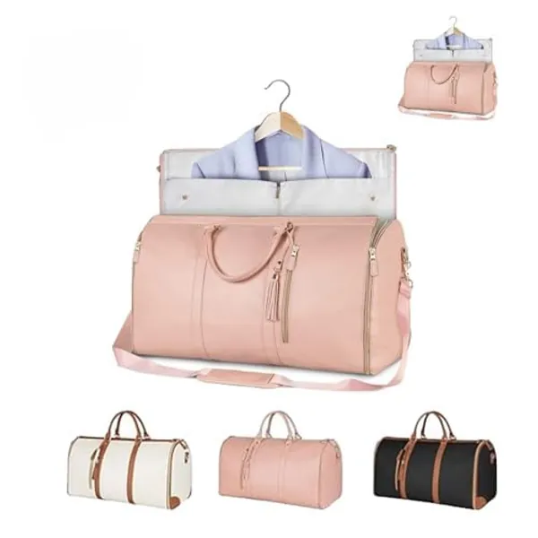 Lucshy Travel Bag, Zentotex Foldable Travel Bag, Foldable Clothing Bag, 2 in 1 PU Leather Foldable Clothing Bag,Carry Garment Duffle Bags with for Men and Women Travel (Pink)