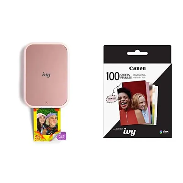 Canon IVY 2 Mini Photo Printer, Print from Compatible iOS & Android Devices, Sticky-Back Prints, Blush Pink + Canon ZINK™ Sticky Back Photo Paper Pack (100 Sheets)