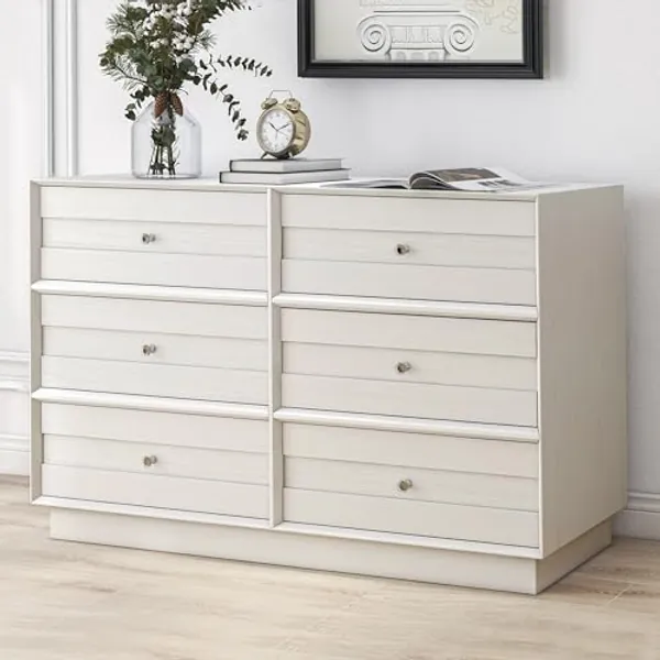 RoyalCraft White 6 Drawer Dresser for Bedroom, 47" Wood Floor Dressers Chest of Drawers with Large Drawers and Crystal Knobs, Morden Double Storage Cabinet for Living Room Hallway Closet