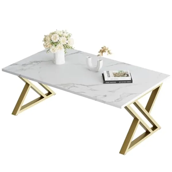 Wolawu Coffee Table Living Room Table White Center Table, Simple Modern Faux Marble Rectangular Tea Table with Sturdy Gold-Finished Metal Frame,Industrial Wooden Coffee Table for Bedroom Home Office