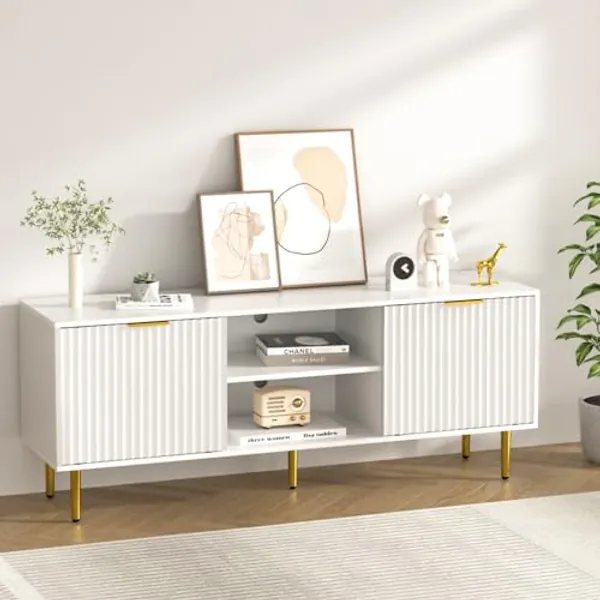 SYESWAY TV Stand for 65 Inch TV, Fluted Doors Entertainment Center with Storage, TV Console Table with Sliding Doors & Adjustable Shelves, TV Stand for Bedroom Living Room(White)