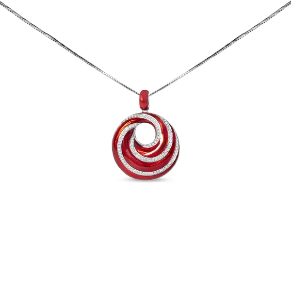 .925 Sterling Silver Red Enamel and 1/2 Diamond Endless Swirl Medallion 18 Pendant Necklace (F-G Color, VS1-VS2 Clarity)