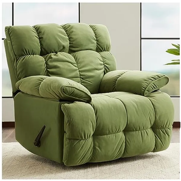 SITJOY Oversized Rocker Recliner Chair, Manual Swivel Rocker Recliner for Living Room, Overstuffed Rocking Chair with Breathable Velvety Fabric, Soft Padded Headrest and Armrest, Green