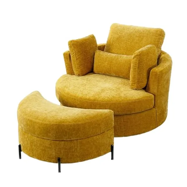GoDoco 42" W Swivel Accent Barrel Chair Set Lounge Club Big Round Sofa with 4 Pillows and Storage Ottoman for Living Room and Bedroom (Mustard + Chenille)