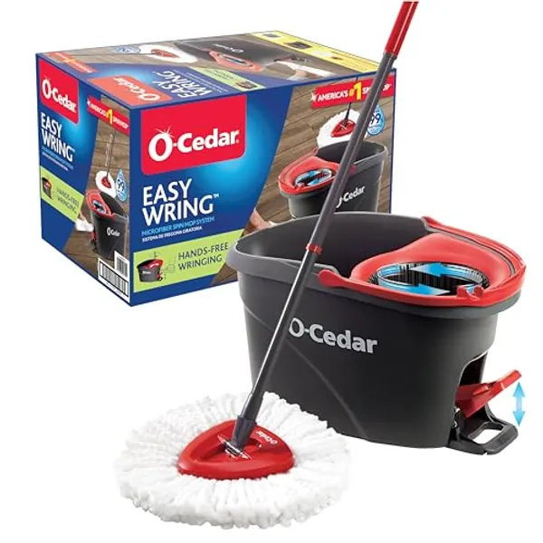 O-Cedar EasyWring Microfiber Spin Mop, Bucket Floor Cleaning System, Red, Gray, Standard