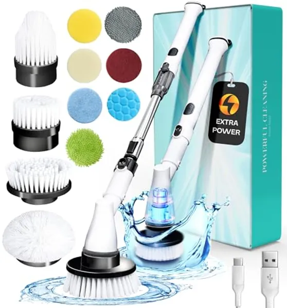 Cleanninja Electric Spin Scrubber Cordless - Electric Scrubber for Cleaning with 11 Replaceable Heads - Bathroom Scrubber Electric Tub Scrubber with Long Handle (White/Black)