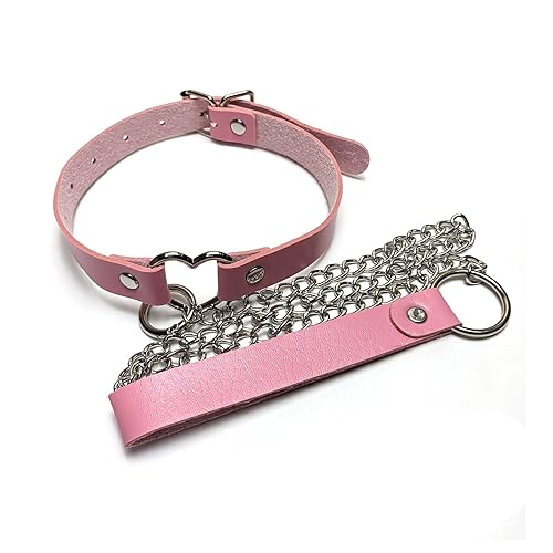 IMAKARA Leather Collar Choker Necklace for Women Punk Leash Goth Y2K Cosplay Costume Accessories - Pink Heart