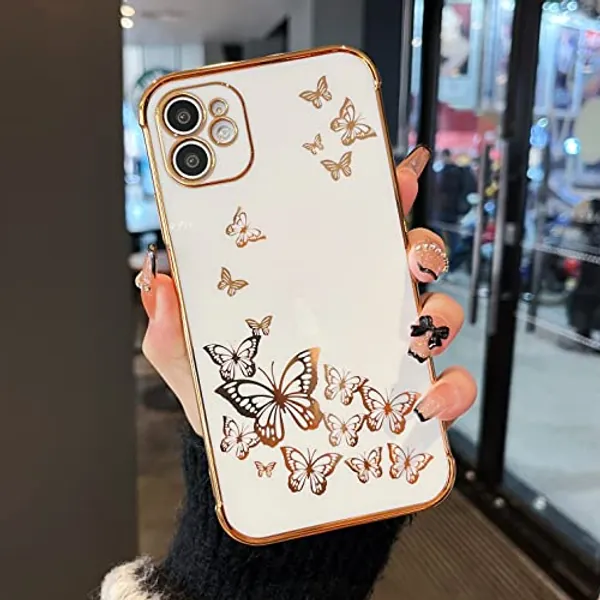 ZTOFERA for iPhone 11 Case, Protective Case for Women Cute Electroplated Butterfly Gold Edge Shockproof Slim Soft TPU Bumper Girls Men Phone Cover for iPhone 11 (6.1"), White