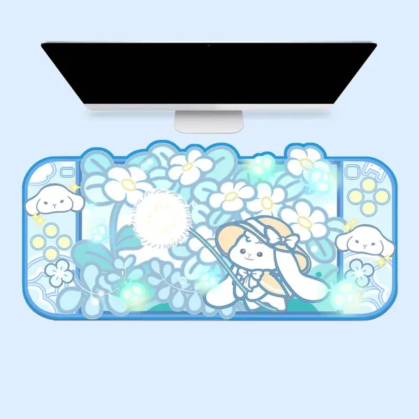 Flower Bunny Desk Mat Cute Rabbit Mouse Pad Blue Kawaii Decor