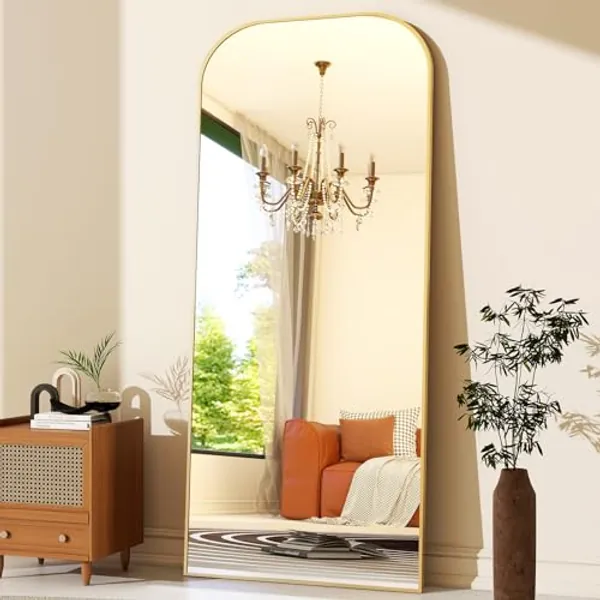 HARRITPURE 71"x26" Full Length Mirror Full Body Mirror Top Rounded Corner Aluminum Frame Hanging or Leaning Wall Floor Mirror with Stand for Living Room Bedroom Cloakroom,Gold