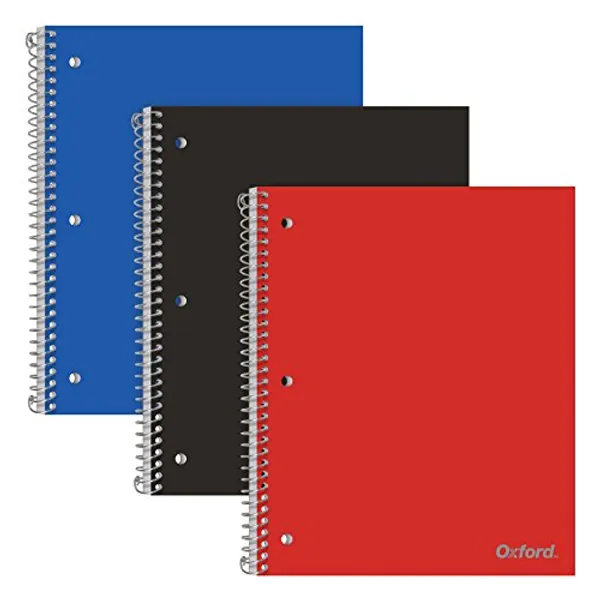 Tops Oxford Spiral Notebooks, 1 Subject, College Ruled Paper, Durable Plastic Cover, 100 Sheets, Divider Pocket, 3 per Pack (10390), Red, Black and Blue