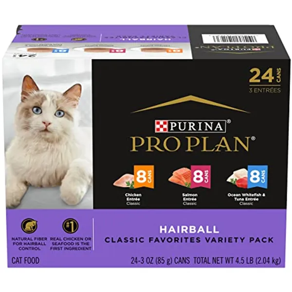 Purina Pro Plan Hairball Control Cat Food, Wet Cat Food Variety Pack, Hairball Control Entrees - (Pack of 24) 3 oz. Cans