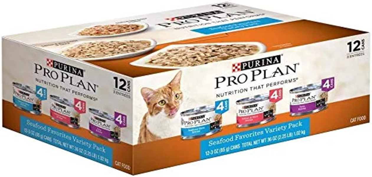 Purina Pro Plan High Protein Wet Cat Food Variety Pack, Complete Essentials Seafood Favorites - (2 Packs of 12) 3 oz. Cans