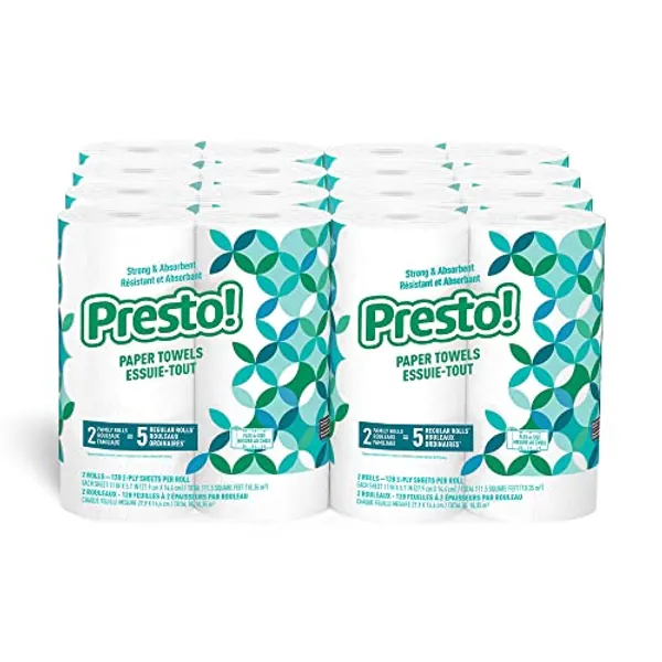 Amazon Brand - Presto! Flex-a-Size Paper Towels, 128 Sheet Family Roll, 16 Rolls (2 Packs of 8), Equivalent to 40 Regular Rolls, White