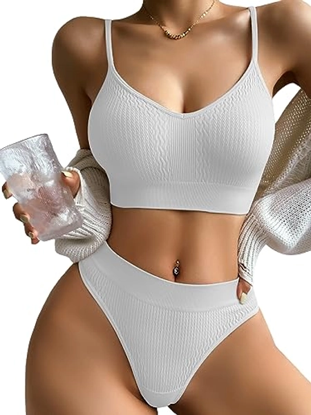 SweatyRocks Women's Cute Two Piece Lingerie Set Seamless Wireless Bra and Thong Panty Set Underwear