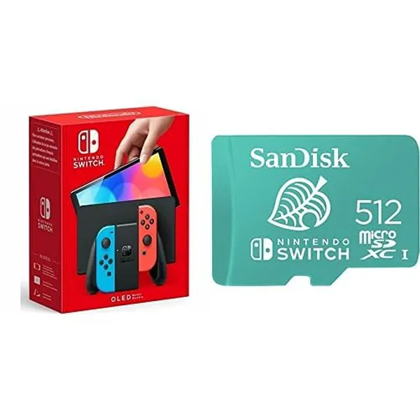 Nintendo Switch – OLED Model w/Neon Red & Neon Blue Joy-Con and SanDisk 512GB microSDXC Card, Licensed for Nintendo Switch