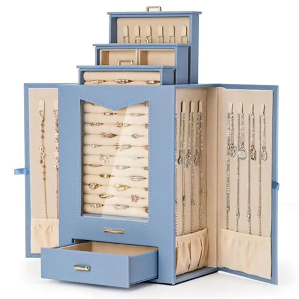 Homde Jewelry Organizer with Transparent Window Necklace Hooks Gift for Women Jewelry Box Display Case for Necklaces Rings Earrings Bracelets and Other Jewelry Accessories (Grey Blue)