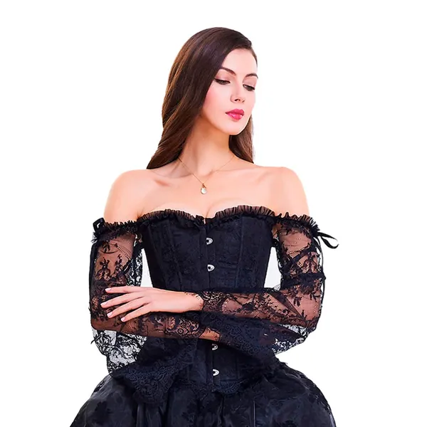 'Witchery' Black off the shoulder lace sleeved corset. S-6XL