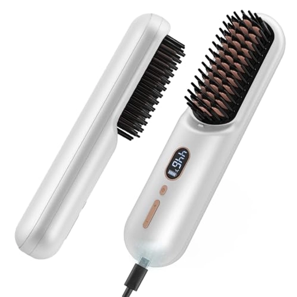 Cordless Hair Straightener Brush, iTayga Upgraded Portable Hair Straightener Brush for Women with Travel Size, 2 in 1 Negative Ion Wireless Hair Straight Comb, 10000MAH(Nearly) USB Rechargeable,White