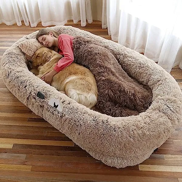 WROS 𝗛𝘂𝗺𝗮𝗻 𝗗𝗼𝗴 𝗕𝗲𝗱, Large Dog Beds for Humans Size Fits You and Pets, Washable Faux Fur Orthopedic Human Dog Bed for People Doze Off, Napping, Present Pillow, Blanket, Strap - Khaki