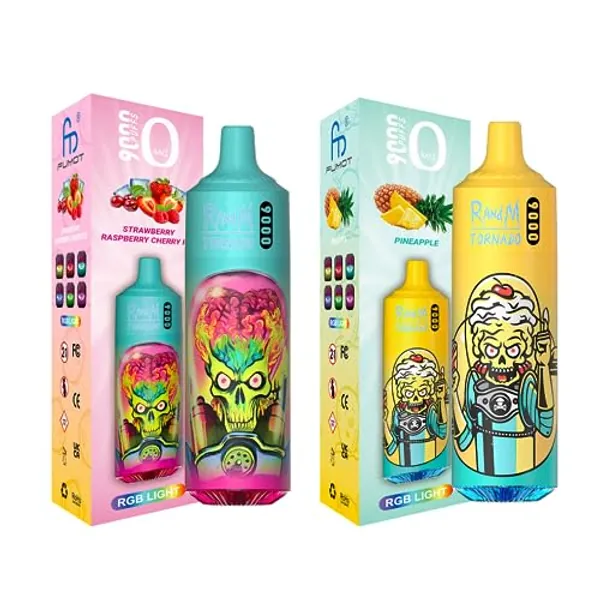 RandM Tornado 9000 Puffs Disposable Vape – 2 Pack Mix, Prefilled Fruit Flavours & Draw-Activated RGB Flash Light Rechargeable Pen, 0mg Nicotine Free (Strawberry Raspberry Cherry Ice, Pineapple)