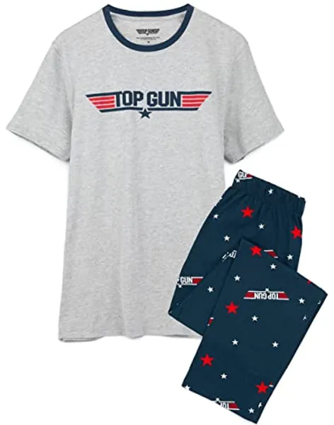 Top Gun Mens Pyjamas | Adults Fighter Action Movie Logo Grey T-Shirt With Navy Long Bottoms Pjs | Movie Merchandise