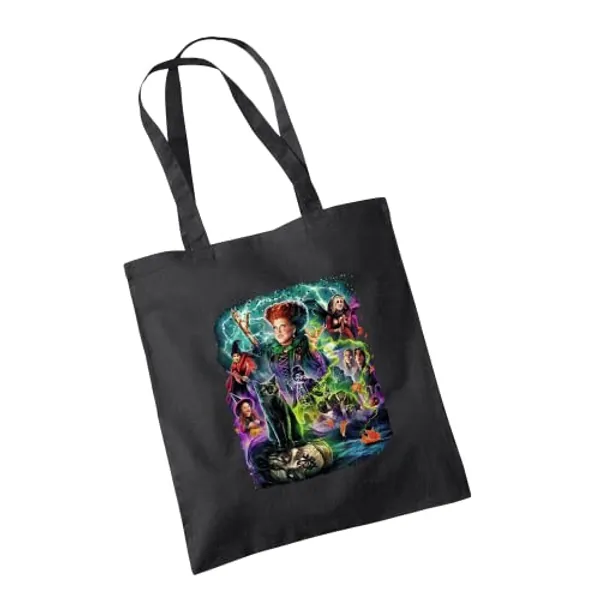 SmartyPants Hocus Pocus Halloween Black Tote Bag Cotton Shopper - Classic Retro Sanderson Sisters Witch Craft Broom Spell Book Movie Inspired Trick Treat Gift Present