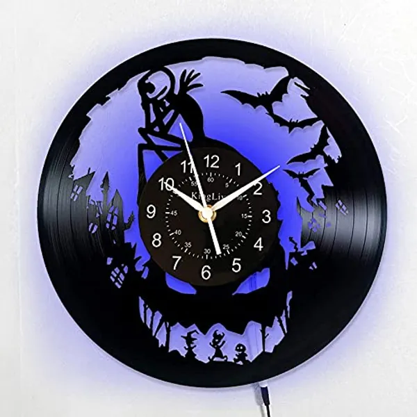 Beach Love Wall Clock Hanger The Nightmare Before Christmas Modern Design Movie Theme Classic Vinyl Record Black Clocks Wall Watch Art Home Decor（With Led）