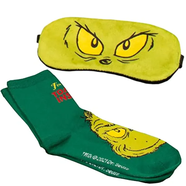 The Grinch Sleep Mask & Socks Gift Set. Christmas Eye Mask & Socks. Officially Licensed Dr Seuss The Grinch Merchandise. Christmas Socks & Sleeping Mask. Christmas Movie Merch.