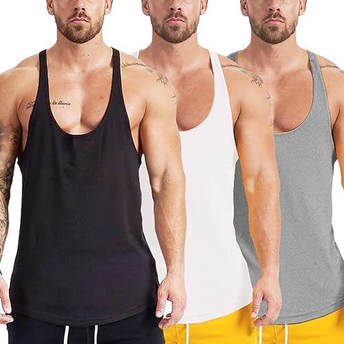 Muscle Killer 1 or 3 Pack Men's Bodybuilding Stringer Tank Tops Y-Back Gym Fitness T-Shirts - X-Large - Black+gray+white