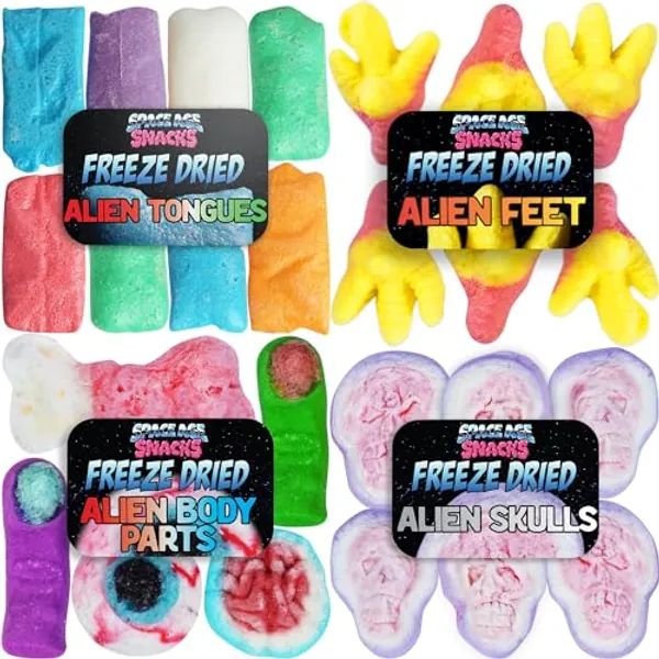 Freeze Dried Candy Variety Pack - Crashed UFO Pack with Airheads, Alien Feet, Skulls, and Alien Body Parts Shipped in Spaceship Box for Extra Protection (4 Pack)
