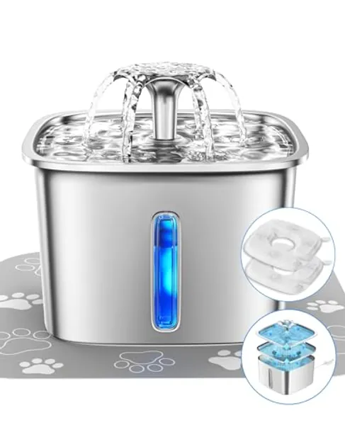 Veken Innovation Award Winner Stainless Steel Cat Water Fountain, 95oz/2.8L Automatic Pet Fountain Dog Water Dispenser with Replacement Filters & Silicone Mat for Cats, Dogs, Multiple Pets (Silver)
