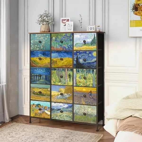 EXOTICA Large Chest of Drawers 15 Drawer Dresser Van Gogh Tall Fabric Dresser for Bedroom Living Room Entryway Closet with Sturdy Metal Frame and Wooden Top